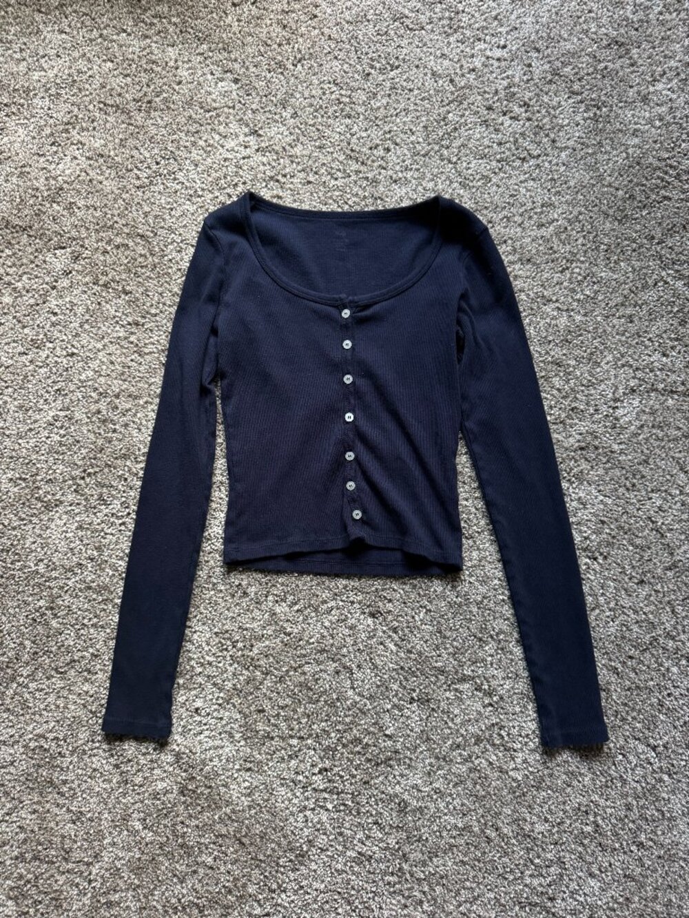 Brandy Melville John Galt Women's Blue Long-Sleeve Button Up Ribbed Shirt Small